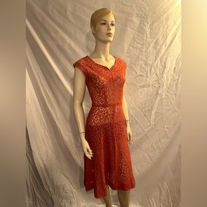 1950s red lace dress with pearls and rhinestones